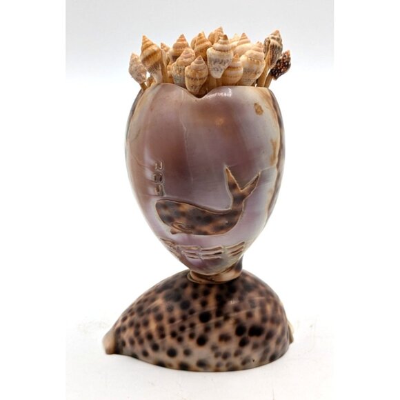 Vtg Tiger Cowrie Carved Shell Toothpick Holder and Toothpicks Whale Graphic - Picture 1 of 8